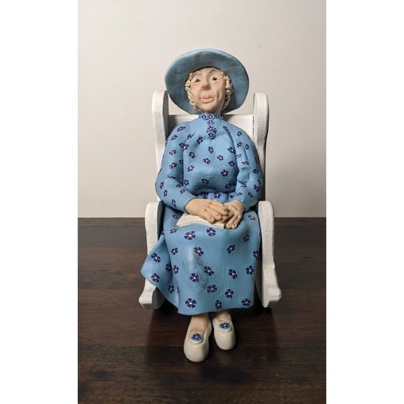 VTG Polymer Clay Handmade Old Woman Sitting on a Rocking Chair - 8" Hat Flowers - Picture 14 of 15